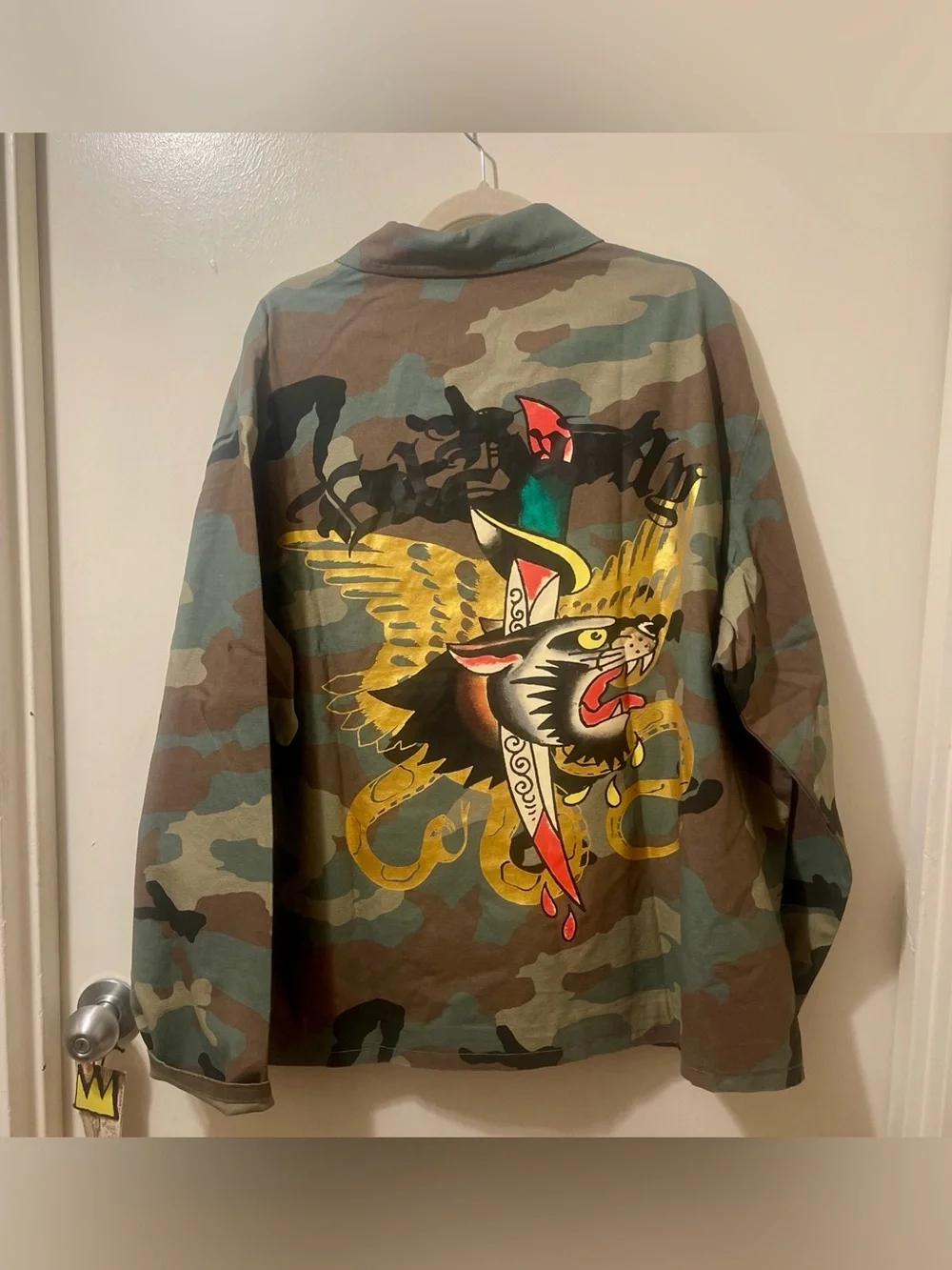 Camouflage Zip-Front Jacket with Panther Graphic - Green/Brown